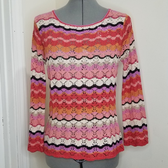 Vintage Sweaters - Vintage red and pink multicolored crochet knit top